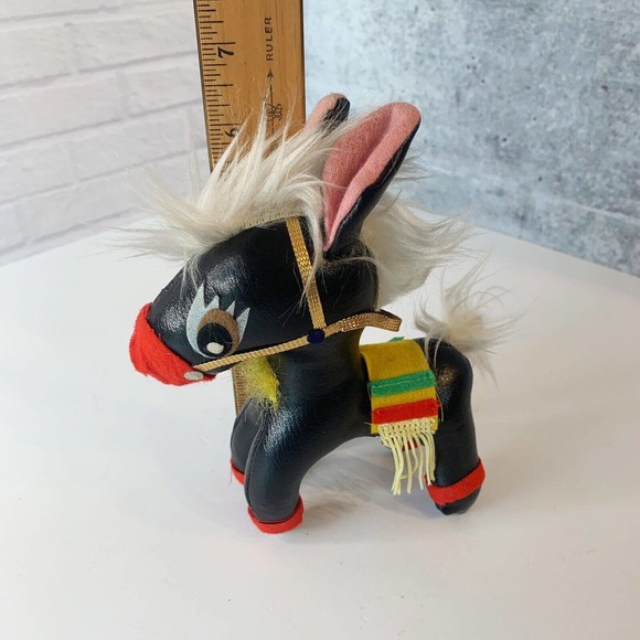 Vintage Black Leather Horse Donkey Toy Figure Felt 7 Inches - Picture 7 of 7